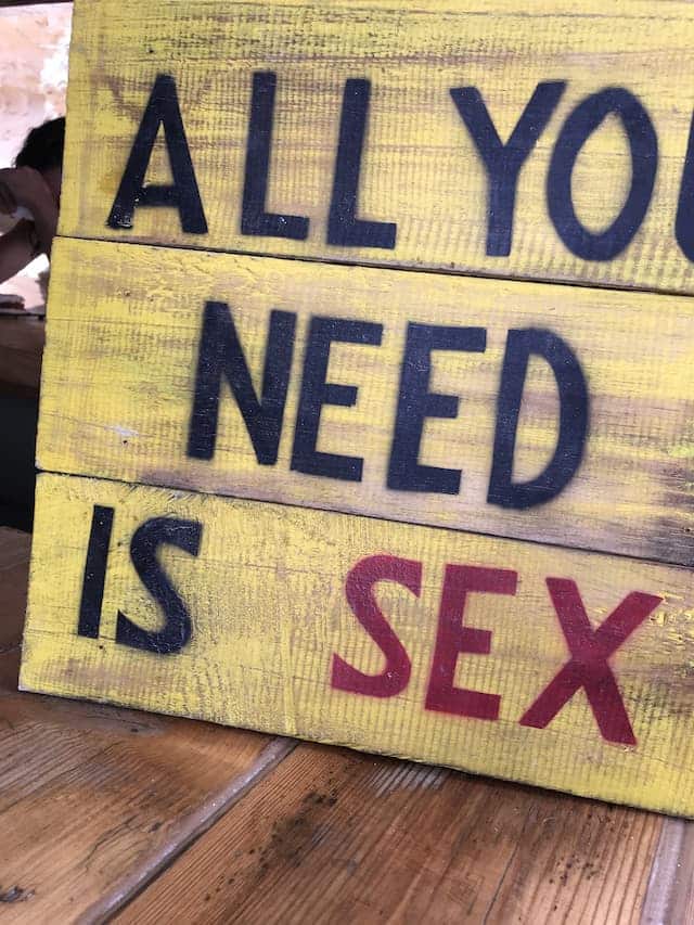 Das Bild zeigt ein Holzschild mit der Aufschrift „All you need is Sex“ und dient als Titelbild für das Thema „Neue Erotiktrends“.